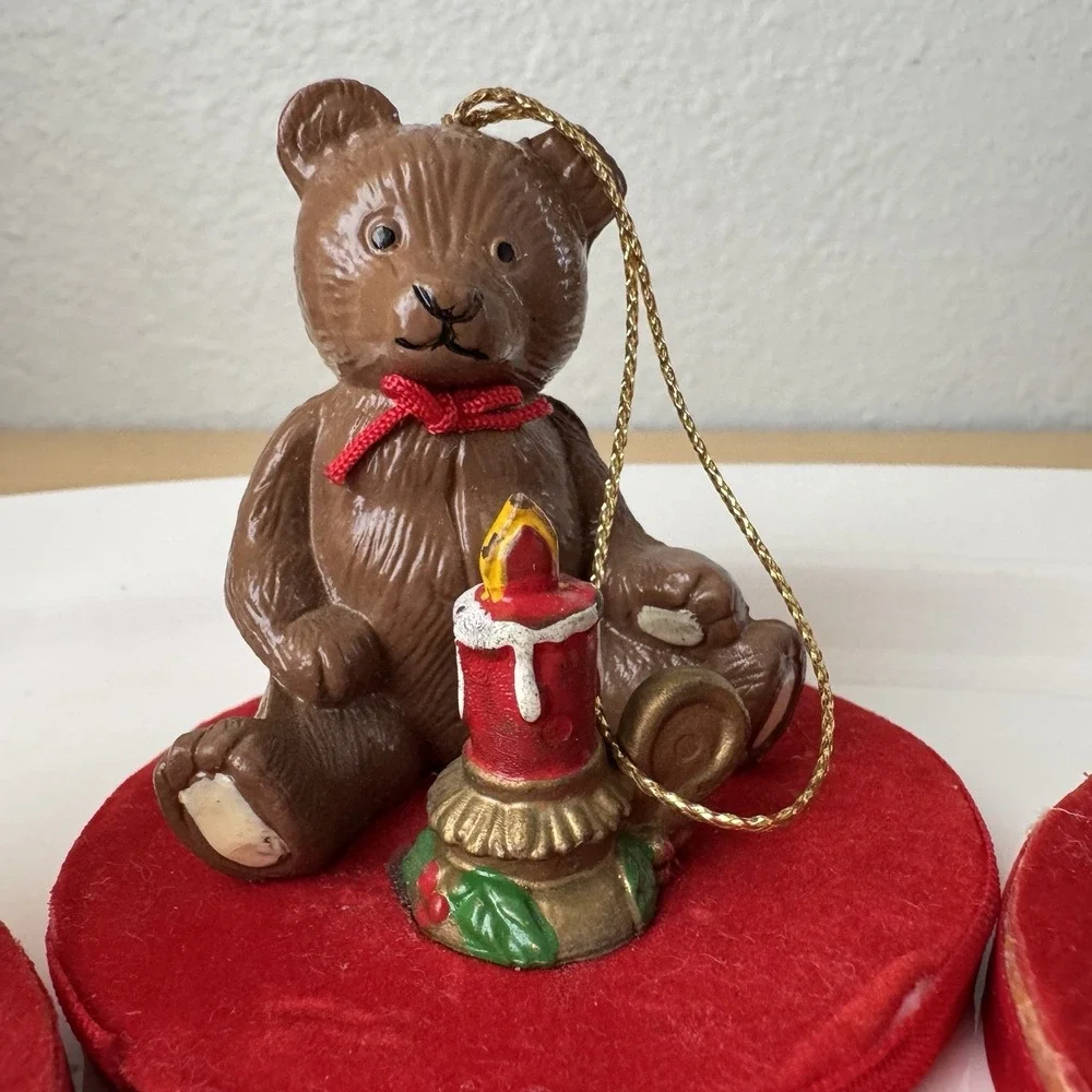 Vtg 80s Christmas Teddy Bear Ornaments w/ Ball Candle Lot 3‎ Kitsch Taiwan Red